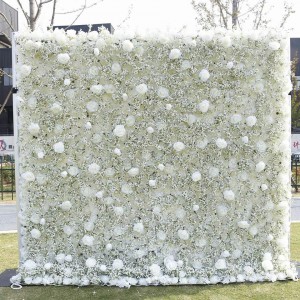 Προσαρμοσμένο 5D τρισδιάστατο λευκό τριαντάφυλλο ρολό υφασμάτινο τοίχο με λουλούδια Ορτανσία Διακόσμηση γάμου Τεχνητό μεταξωτό τριαντάφυλλο πάνελ λουλουδιών σκηνικό τοίχος λουλουδιών