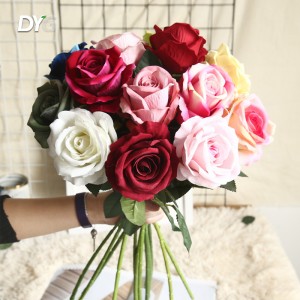 Artificial Red Flowers Pearl Flannel Silk Roses Faux Bridal Wedding Bouquet for Home Garden Party Floral Decor