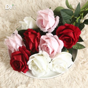 Artificial Red Flowers Pearl Flannel Silk Roses Faux Bridal Wedding Bouquet for Home Garden Party Floral Decor