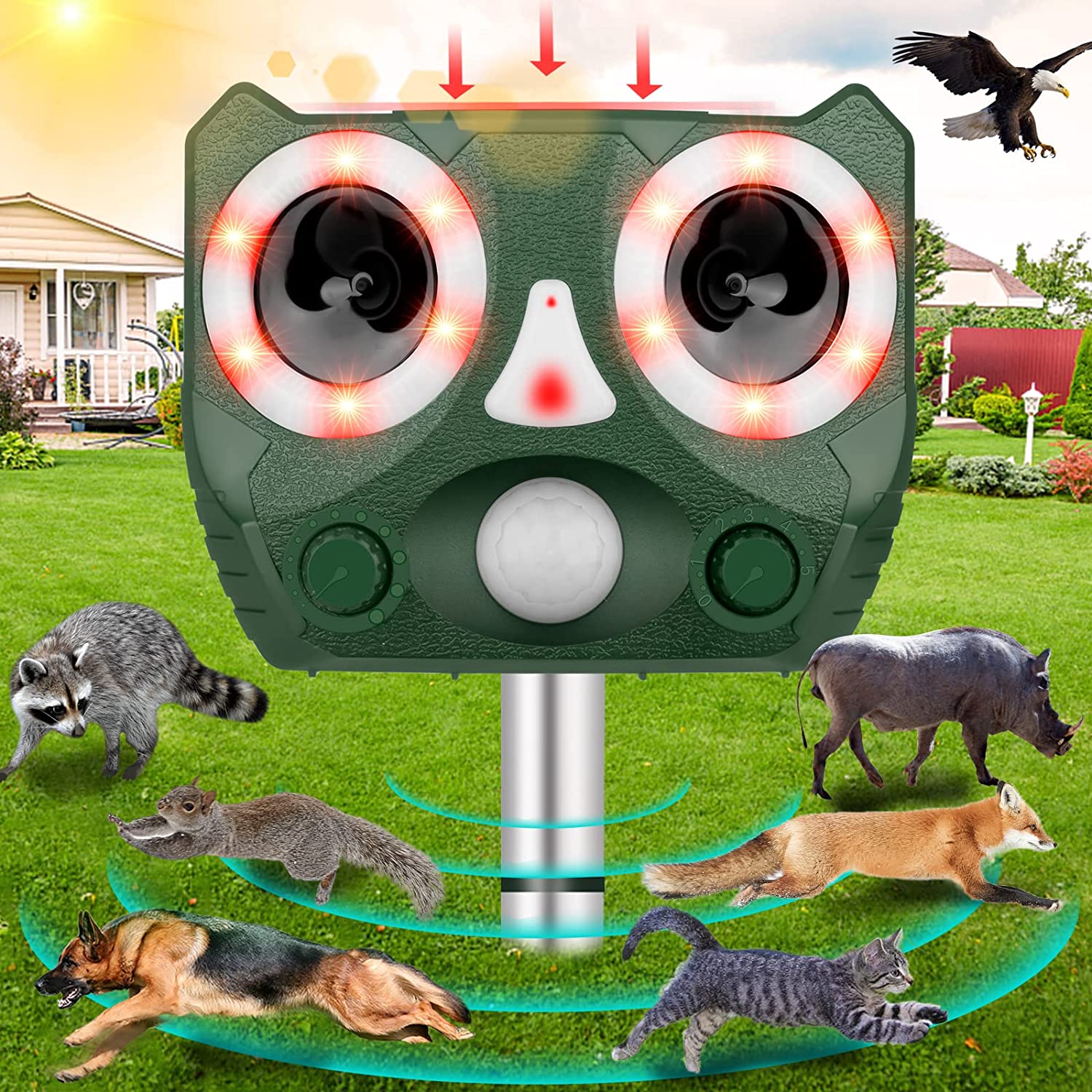 Ultrasonic Animal Repeller Waho, Cat Repellent Solar Animal Repeller Dog Deterrant with Motion Sensor&Light, Yard Farm Garden Repellent for Cat Squirrel Dog Rabbit Raccoon Skunk Fox Deer an...