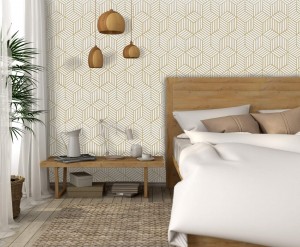 Papel de parede geométrico dourado e branco, casca e bastão, decoração autoadesiva removível hexagonal
