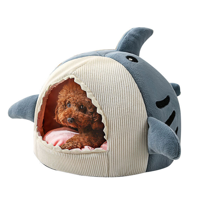 Drăguț în formă de rechin iarnă caldă semi-închisă pat de peșteră pentru pisici