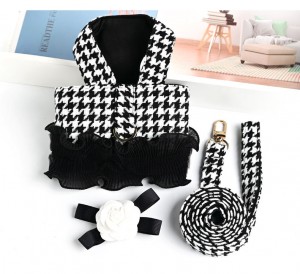 Classic Houndstooth Dog Harness Set With Flower Bowknot