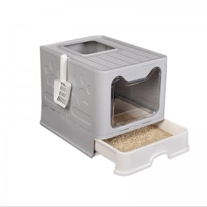 Caixa de areia para gatos fechada e dobrável à prova de respingos de entrada superior com colher