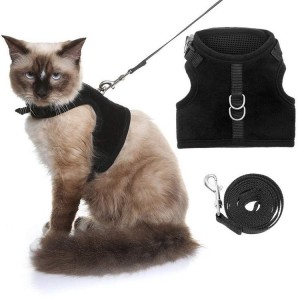 Chaleco de arnés para gato que camina de malla negra ajustable y duradero