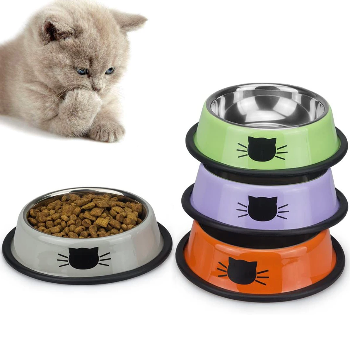 Thickened Stainless Steel Printing Rubber Rim Double Cat Food Bowl