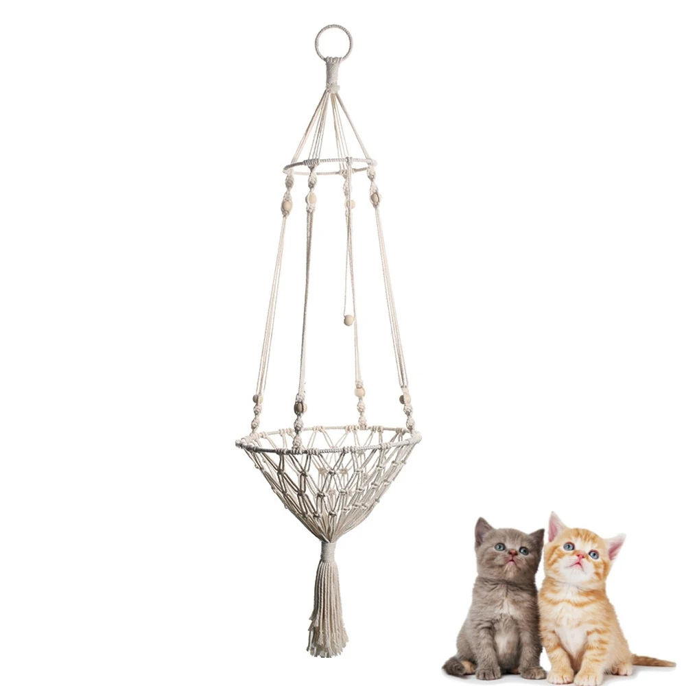 Handwoven Cotton Rope Hanging Tassel Basket Cat Hammock