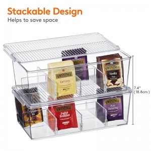 Tutus Custom Stackable Tea Bag Organizer with Clear Top Lid Divid at Bin Box For Kitchen Cabinets