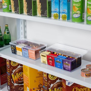 Wholesale Custom Stackable Tea Bag Organizer na may Clear Top Lid Divided Storage Bin Box Para sa Kitchen Cabinets