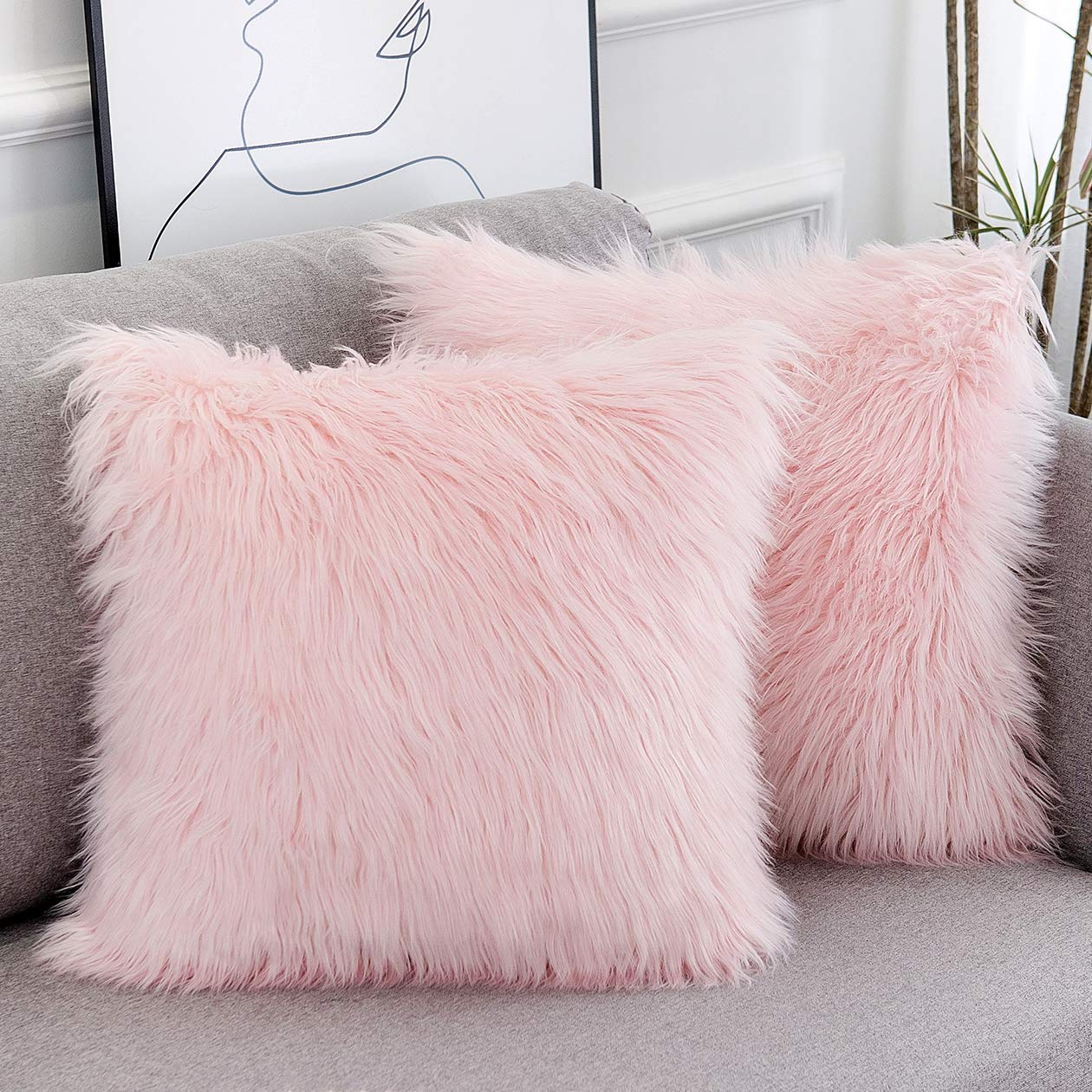 Pink Fluffy Pillow Inovhara Faux Fur Merino Style Square Fuzzy Decor Cushion Case
