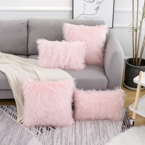 Pink Fluffy Pillow Npog Faux Fur Merino Style Square Fuzzy Decor Cushion Case