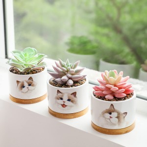 Fake Succulents Artificial Plant Ceramic Pots Cat Planter Gifts Home Decor