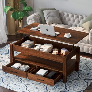 Coffee Table with Drawers and Hidden Compartment Retro Central Lift Tabletop