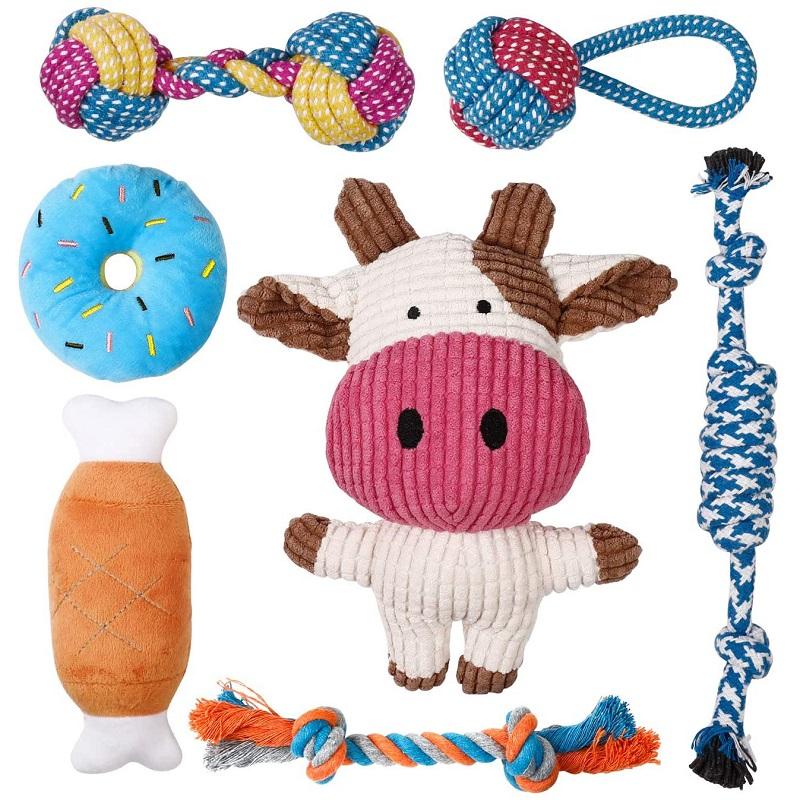 Custom 7 Pack Set Dog Toy Pack Interactive Cotton Rope Squeaky Dog Meataalo Set