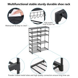 7 Tiers Rack Shoe Rack Metal Shelf Storage Organizer karo pancingan sisih kanggo Entryway