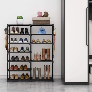 7 Tiers Taas Shoe Rack Metal Shelf Storage Organizer nga adunay Side Hooks para sa Entryway