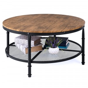 2-Tie Round Industrial Coffee Table Rustic Steel Accent Table Faʻamalosia Crossbars