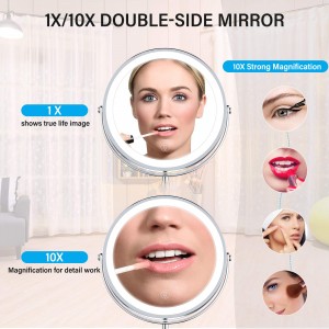 Miroir de maquillage éclairé Double face, grossissant à intensité variable, décor réglable et Rechargeable