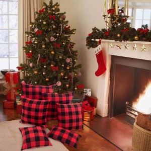 2 Noel Ekose Atma Yastık Seti Yastık Kılıfı Ev Dekor Kırmızı ve Siyah Kapakları