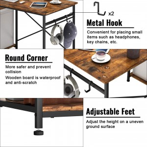 Mesa para computador, escritório em casa, mesa de estudo com prateleiras de armazenamento, mesa de madeira, estrutura de metal
