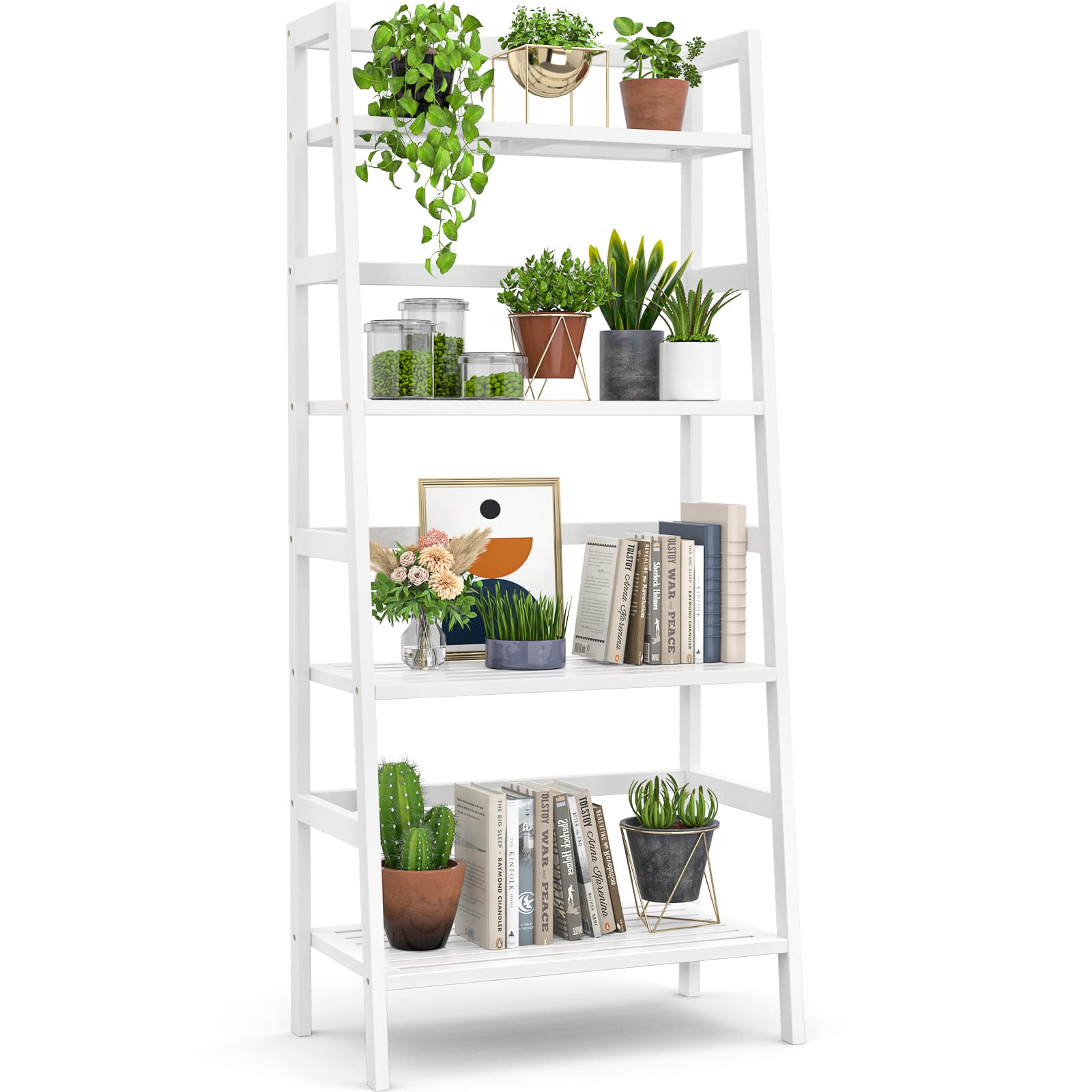 White Bookshelf 4-Tier Bamboo Ladder Shelf  Floor Freestanding Bathroom Storage Rack Plant Stand