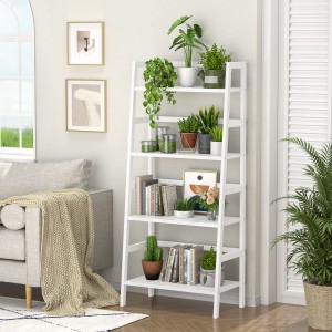 White Bookshelf 4-Tier Bamboo Ladder Shelf Floor Freestanding Bathroom Storage Rack Plant Stand