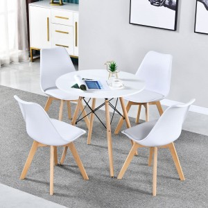طاولة طعام بيضاء مستديرة للمطبخ ، طاولة ترفيه حديثة ، أرجل خشبية للمكتب