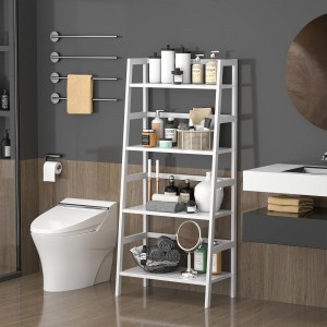 White Bookshelf 4-Tier Bamboo Ladder Shelf Floor Freestanding Bathroom Storage Rack Plant Stand