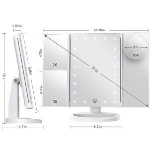 განათებული მაკიაჟის სარკის სენსორული კონტროლი Trifold Dual კვების წყარო LED ოთახის დეკორი