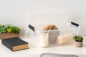 Cubo de almacenamento de plástico, bolsa con fibelas con pestillo, tapa, contenedor organizador apilable, decoración do fogar