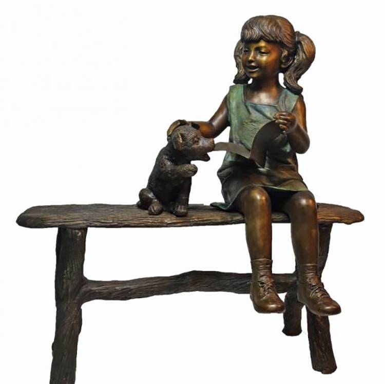 custom life size bronze girl with dog on bench sculpture for outdoor park decor