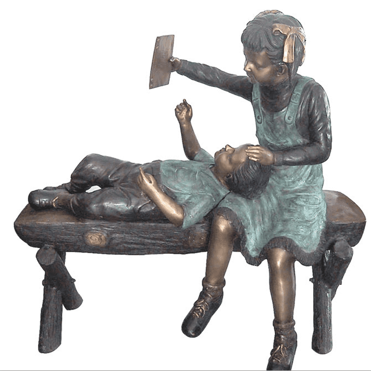 Outdoor life size large bronze children sculpture sitting on bench
