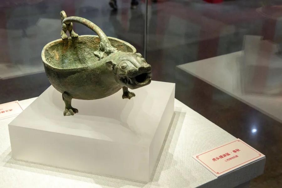 Unusual bronze tiger bowl shown at Shanxi Museum