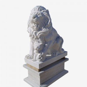 Pair Stone Lion Statue With Pedestal For Driveway