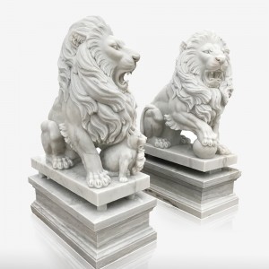 Pair Stone Lion Statue With Pedestal For Driveway