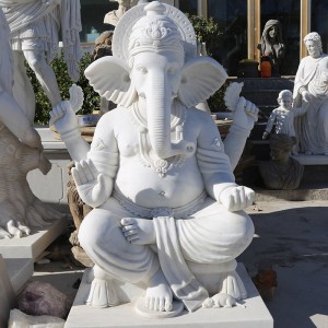 Religious Hand-Carved White Marble Lord Ganesha  Statue
