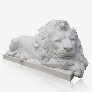 Large white marble lion statue with pedestal