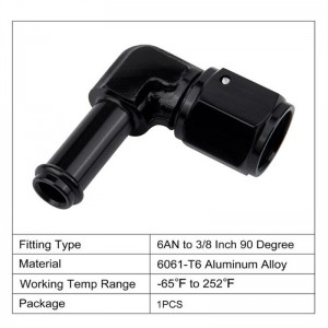 6AN Female to 3/8″ Barb Hose Fitting 90 Degree Swivel