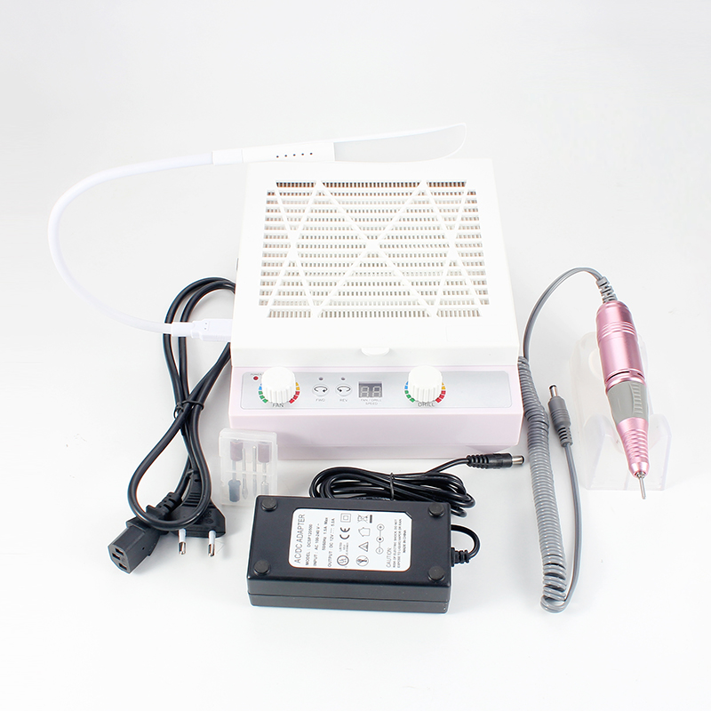 Faceshowes 3 in 1 Electric Nail Drill Art Dust Collector Suction Machine Desk with Lamp Manicure Pedicure Nail