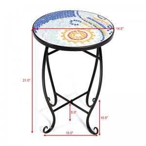 Mosaic Round Side Accent Table Patio Plant Stand Porch Beach Theme Balkonahe Balik Deck Pool Dekorasyon Metal Cobalt Glass Top Indoor Outdoor Coffee End Table (Blue Hawaii)