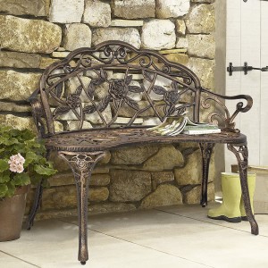 Outdoor Curved 39in Metal Park Bench w/Floral Design, Bronze