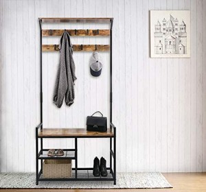 Coat Rack Shoe Bench, Hall Tree Entryway Storage Bench, Wood Look Accent Furniture with Metal Frame, 3-in-1 Design (Rustic Brown)
