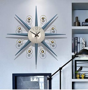 Relógio de parede de metal de meados do século, grande decoração Starburst para casa, cozinha, sala de estar, escritório (azul, 28″)