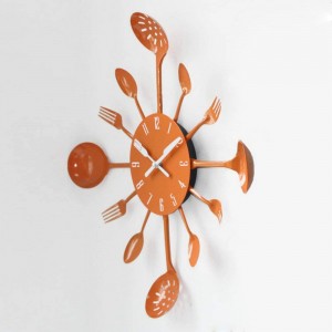Wall Clock, 16″ Metal Kitchen Cutlery Utensil Spoon Fork Wall Clock Creative Modern Home Decor Antique Style Wall Watch (Orange)