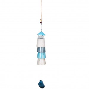 Beachcombers 4 Layer Lighthouse Bell Wind Chime Coconut Top and Burnt Tropical Flower Design Bamboo Pieces Coastal Decor Multi