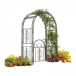 Montebello Decorative Garden Arbor Trellis with Gate, Scroll Design, Tubular Iron Structure with 7-Inch Ground Stakes, 53 W x 23 D x 84 H Burnished Bronze Finish
