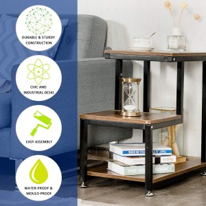 Sofa End Table, 3-Tier Nightstand with Storage Shelf, Sturdy Metal Frame, Ladder-Shaped Chair Side Table, Rustic Tabletop Industrial Storage Shelf for Living Room or Bedroom (Brown)