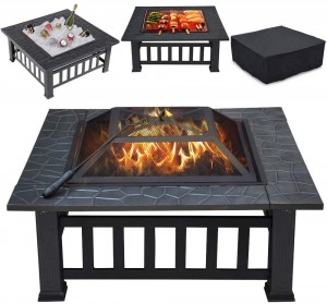 32in Outdoor Metal Firepit Square Table Backyard Patio Garden Stove Wood Burning Fire Pit with Spark Screen, Log Poker and Cove