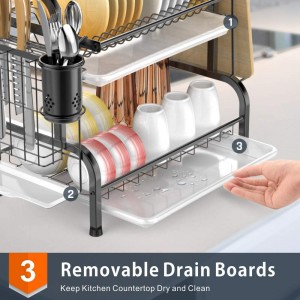 Dish Drying Rack,  2 Tier Dish Rack 304 Stainless Steel Utensil Holder Cutting Board Holder Dish Drainer with Removable Drain Board for Kitchen Countertop, Black
