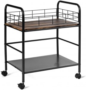 2-Tier Kitchen Island Cart, Storage Cart, Kitchen Trolley with Top Guardrail and Handle, Lockable Casters, Industrial Style Metal Storage Utility Cart (Rustic Brown & Black)